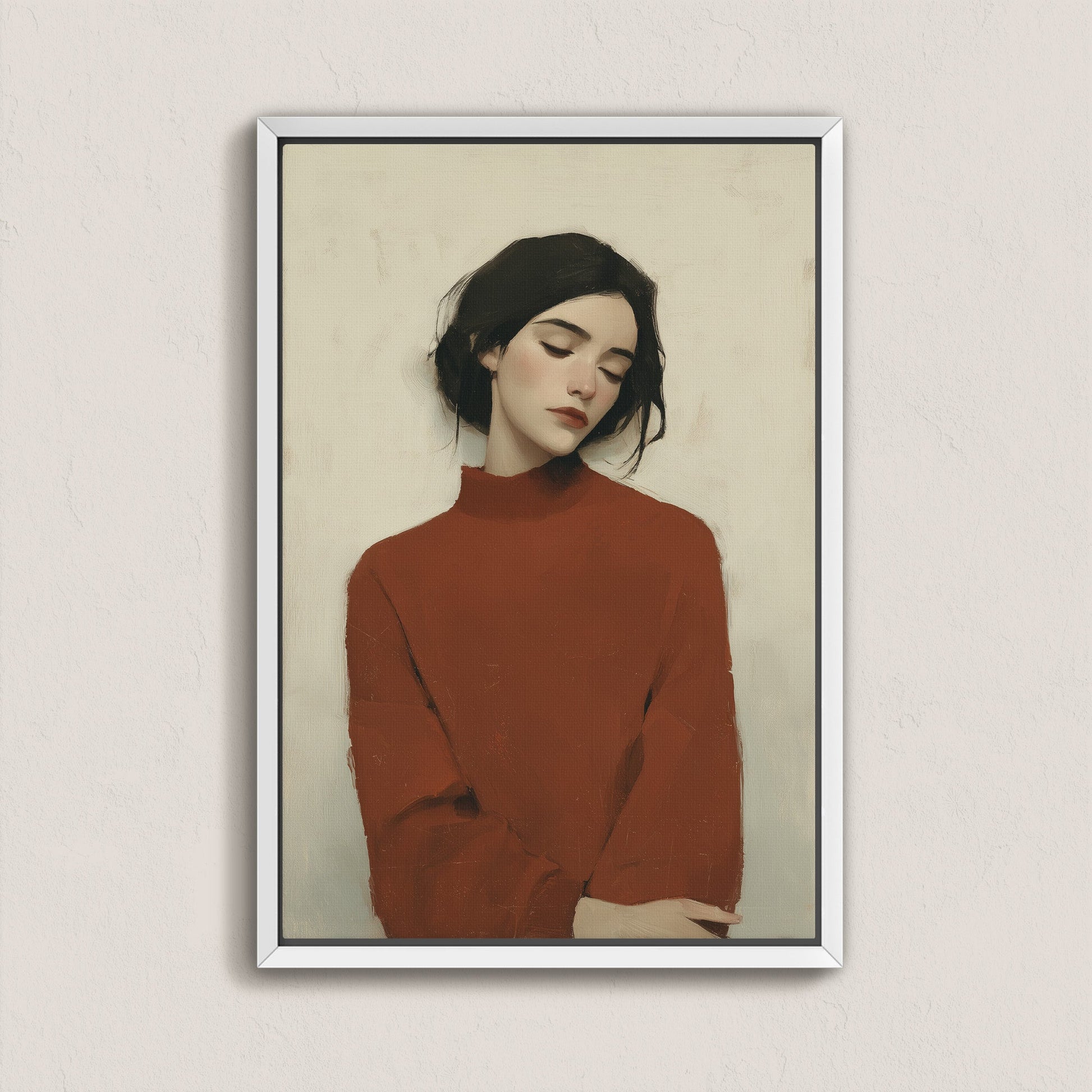Madi canvas wall art of a woman in a red sweater with muted tones and soft posture in a white frame