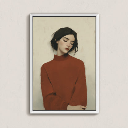 Madi canvas wall art of a woman in a red sweater with muted tones and soft posture in a white frame