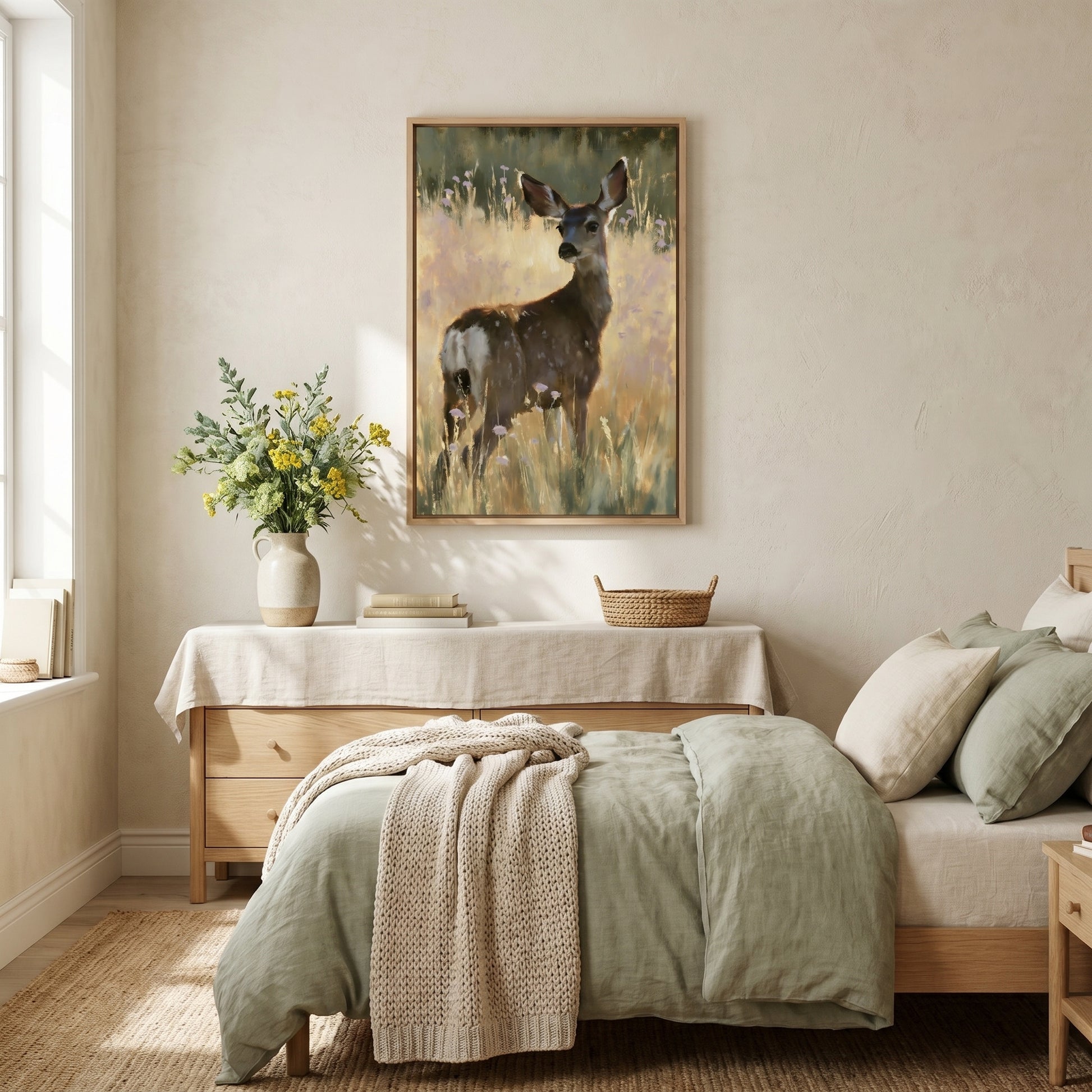 a serene bedroom scene with a large painting of a deer standing in a grassy field hanging on the wall above a bed with a green blanket and a wooden headboard.