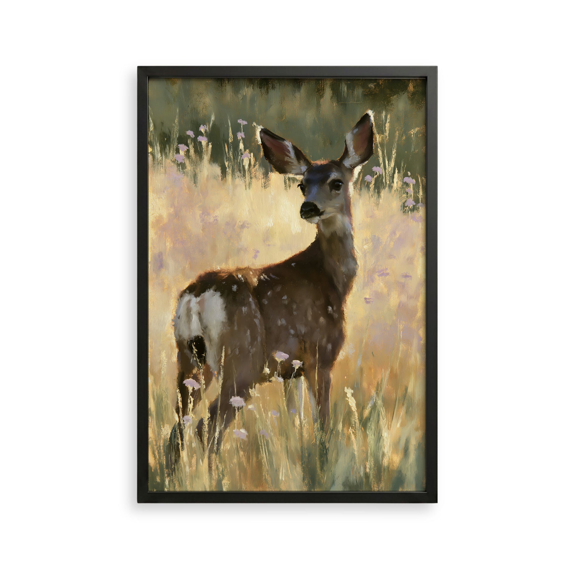 A deer standing in a field of tall grass and wildflowers.