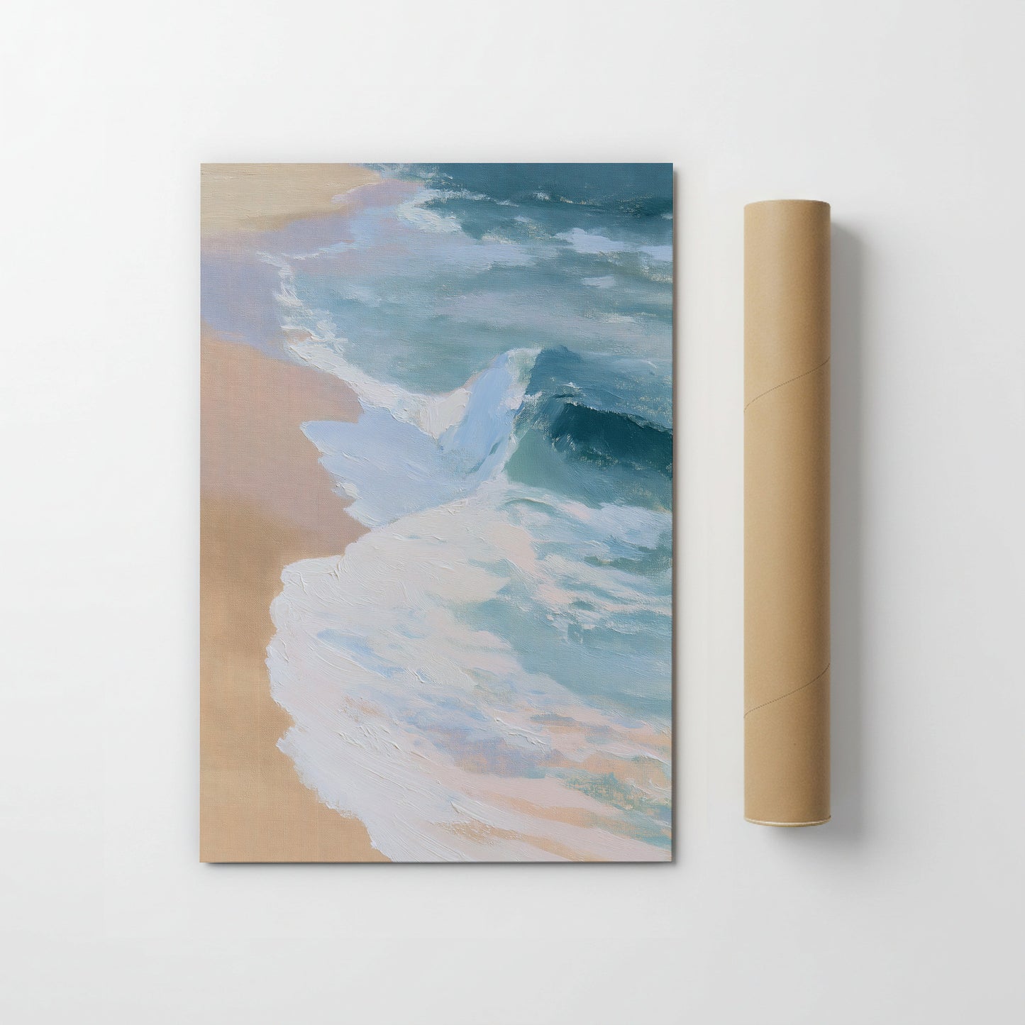 The image is a painting of a beach scene with waves crashing onto the shore.