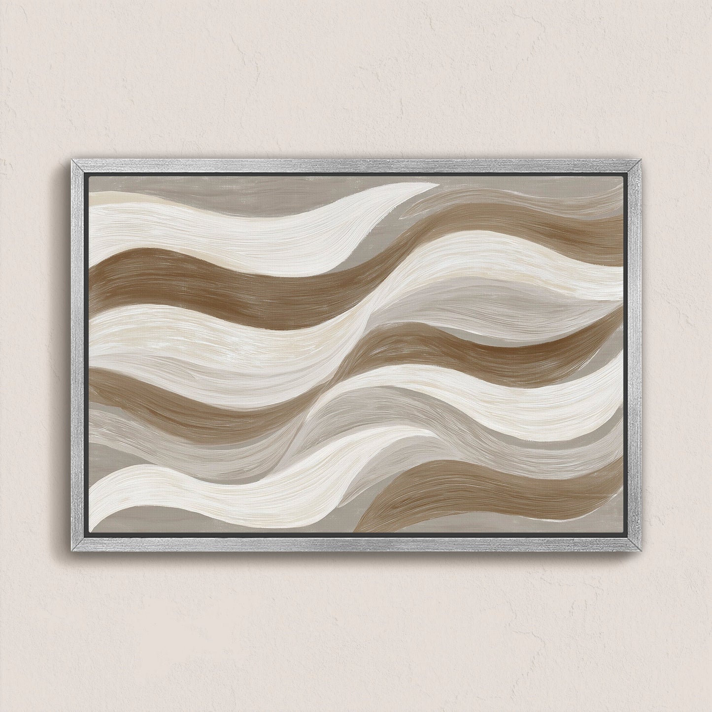 Abstract Flux canvas print with cream, taupe, and clay wavy brushstrokes in a gray frame