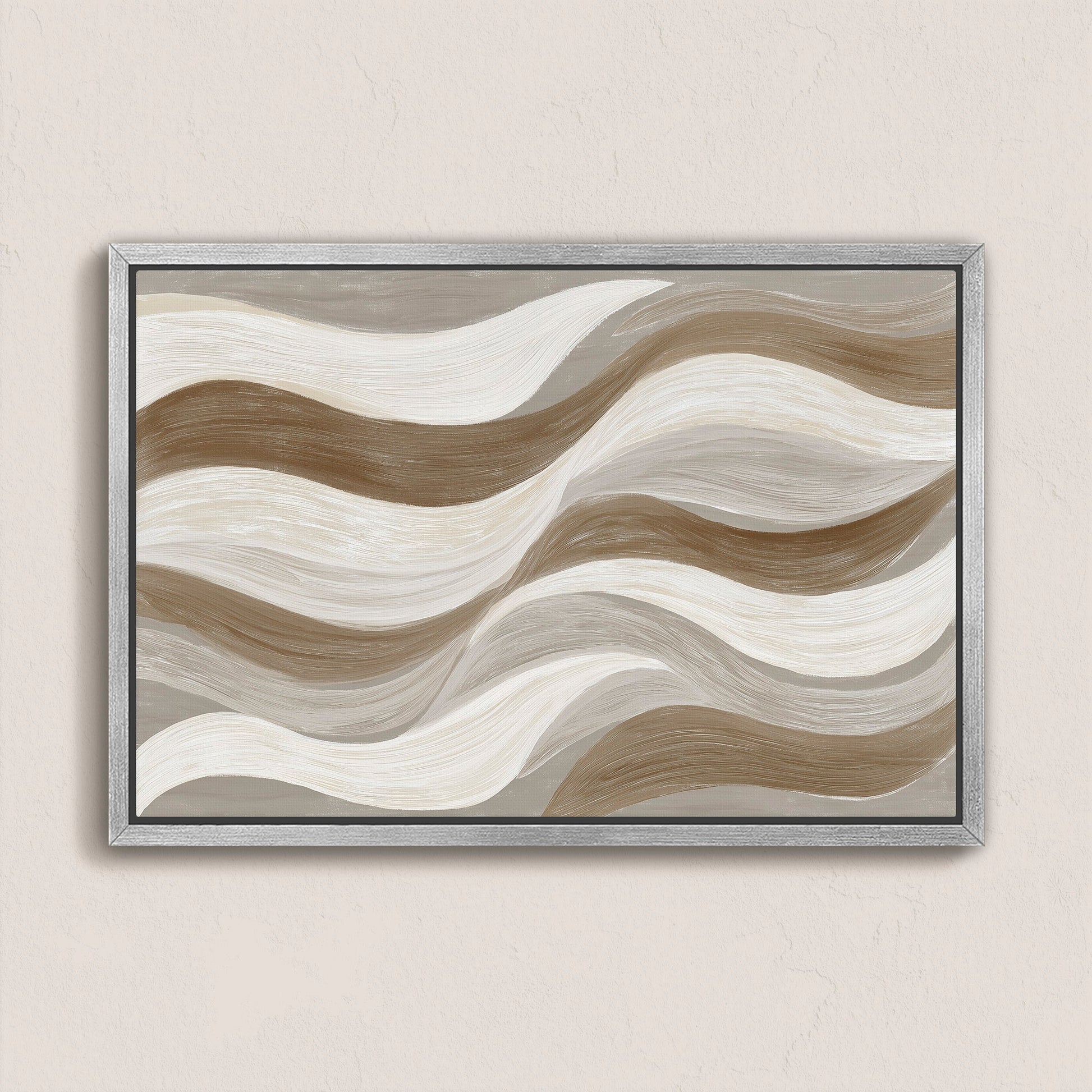 Abstract Flux canvas print with cream, taupe, and clay wavy brushstrokes in a gray frame
