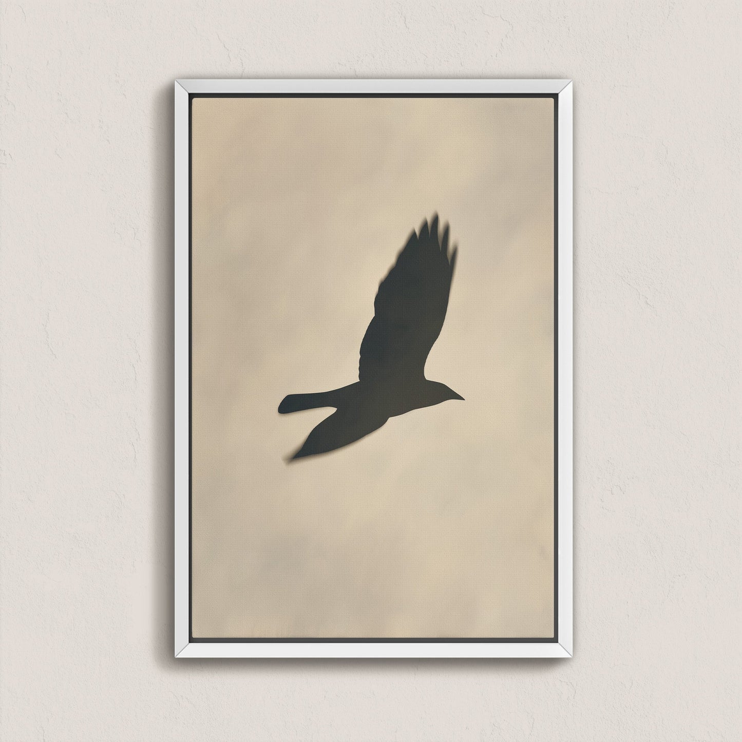 Minimalist Soar canvas print featuring a bird silhouette in soft neutral tones with a sleek white frame