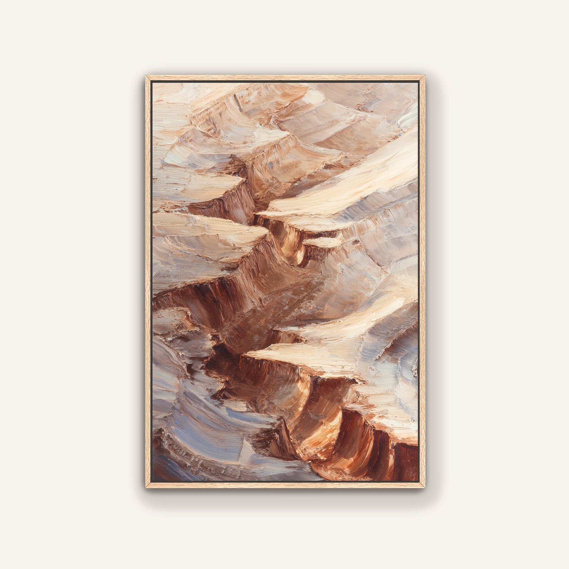 The image is a framed painting depicting a rocky cliff face with a mix of brown and gray hues, creating a textured and layered appearance.