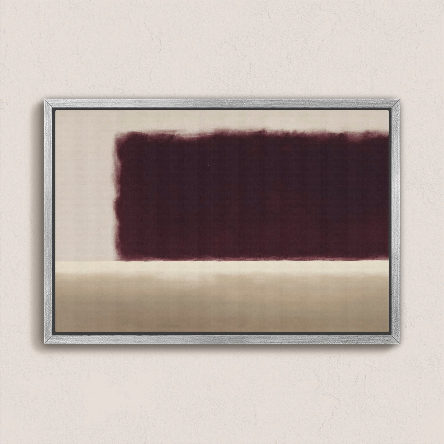 Threshold canvas wall art with deep burgundy and soft ivory abstract fields in a silver frame