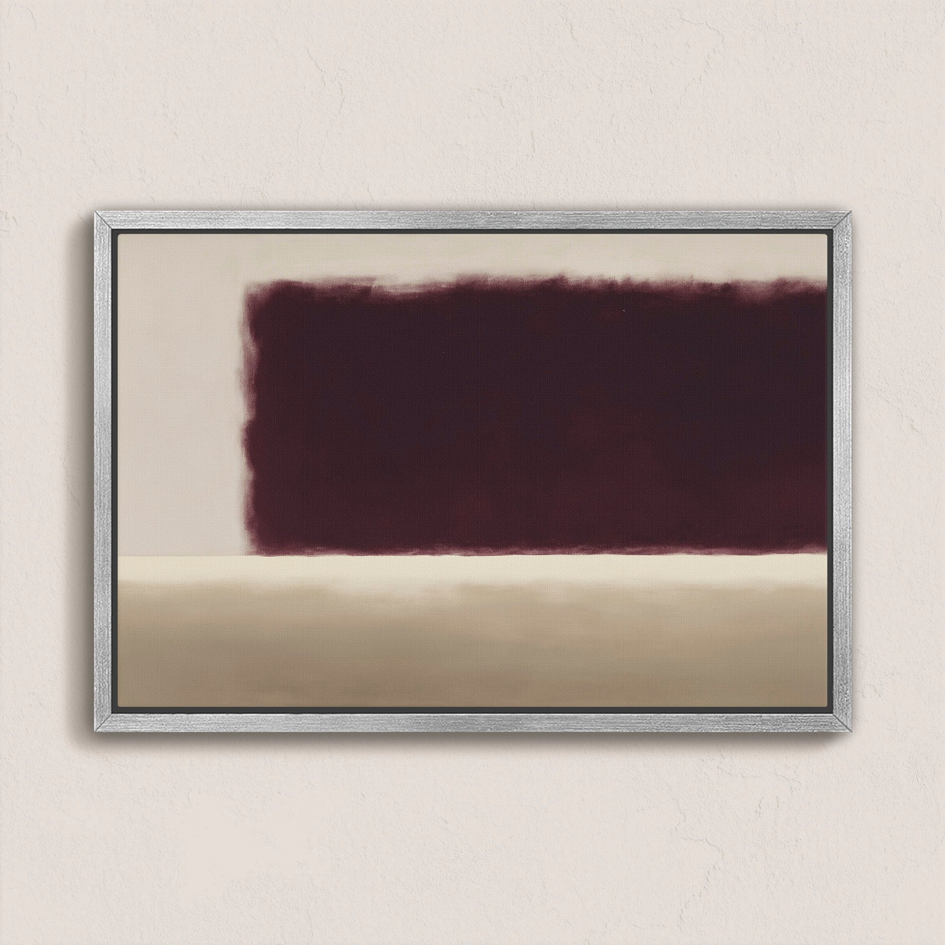 Threshold canvas wall art with deep burgundy and soft ivory abstract fields in a silver frame