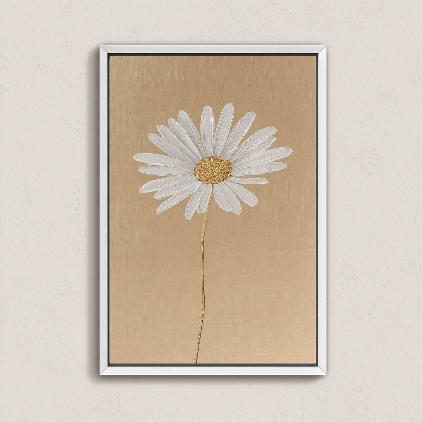 'Bloom' canvas print of a single white daisy on a soft golden-beige background in a sleek white frame