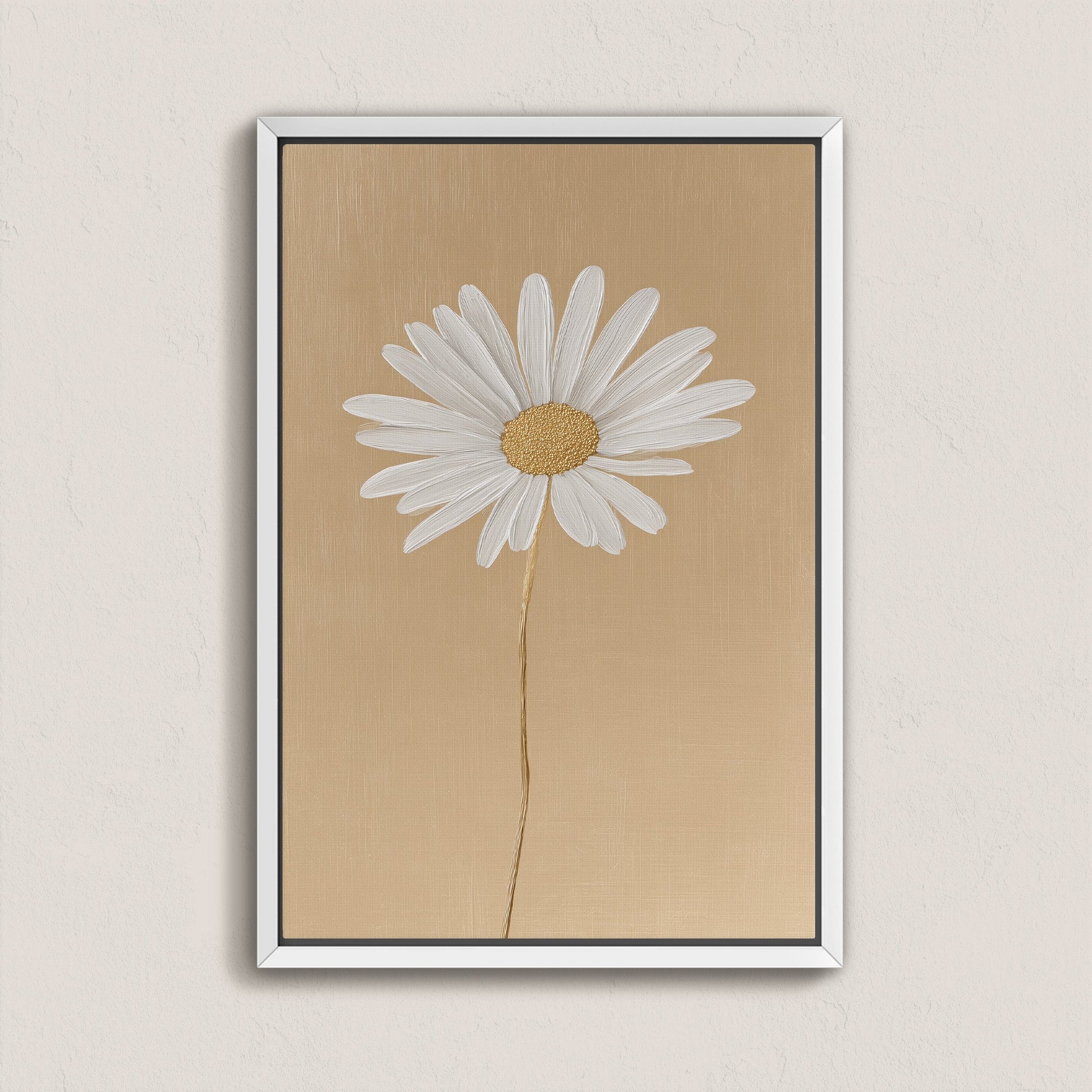 'Bloom' canvas print of a single white daisy on a soft golden-beige background in a sleek white frame