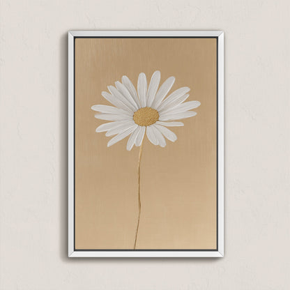 'Bloom' canvas print of a single white daisy on a soft golden-beige background in a sleek white frame