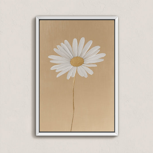 'Bloom' canvas print of a single white daisy on a soft golden-beige background in a sleek white frame