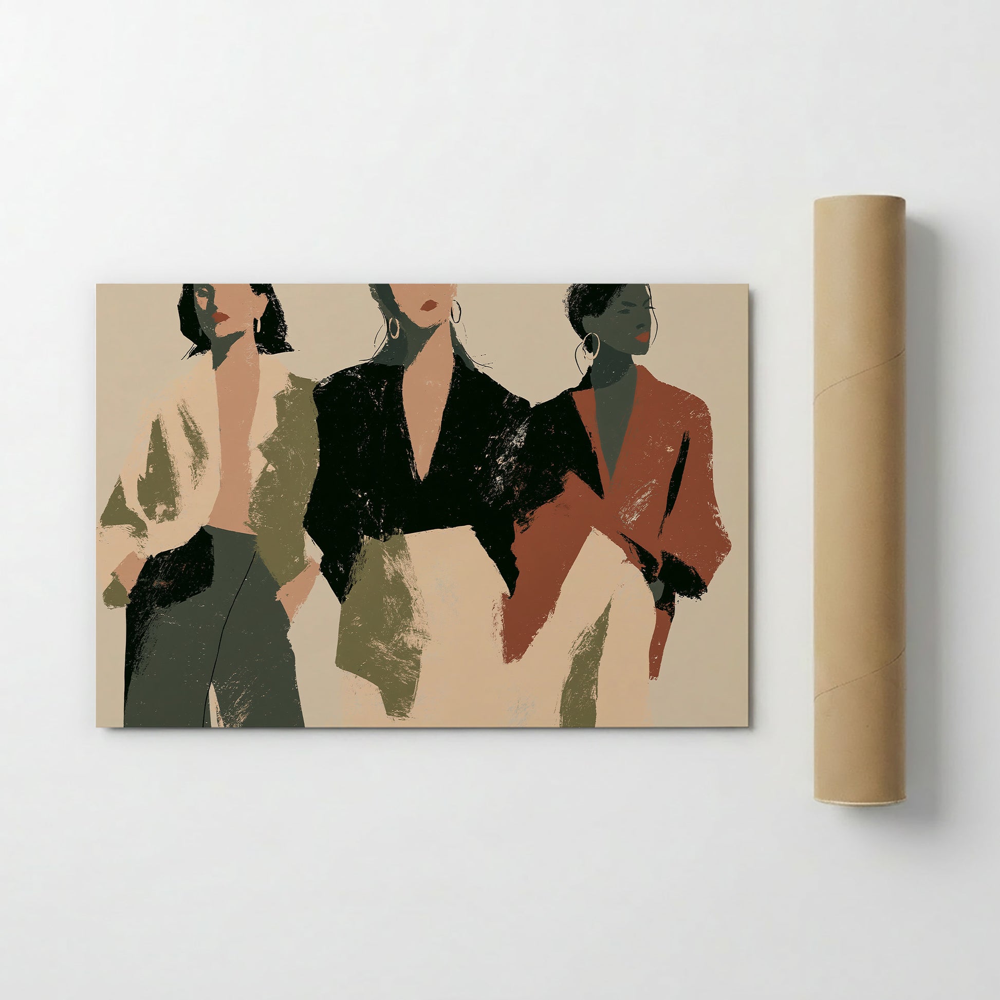 The image is a stylized illustration of three women, each wearing a different colored jacket, set against a neutral background.