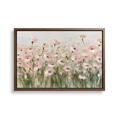 The image is a framed painting depicting a field of pink flowers.