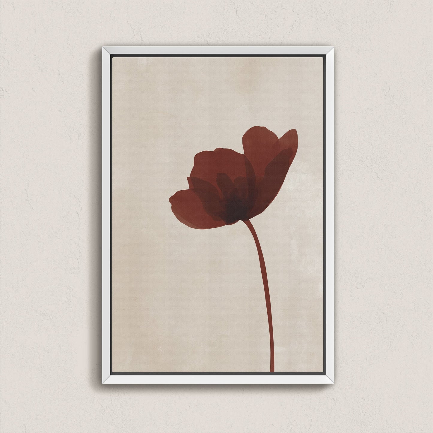Minimalist stem canvas print featuring a single burgundy flower on a warm neutral background in a white frame