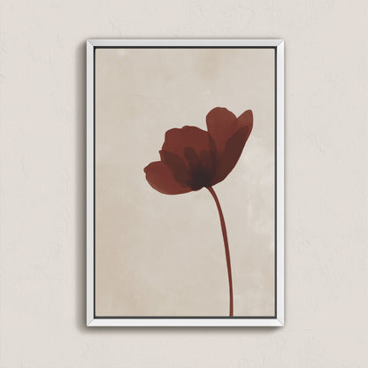 Minimalist stem canvas print featuring a single burgundy flower on a warm neutral background in a white frame