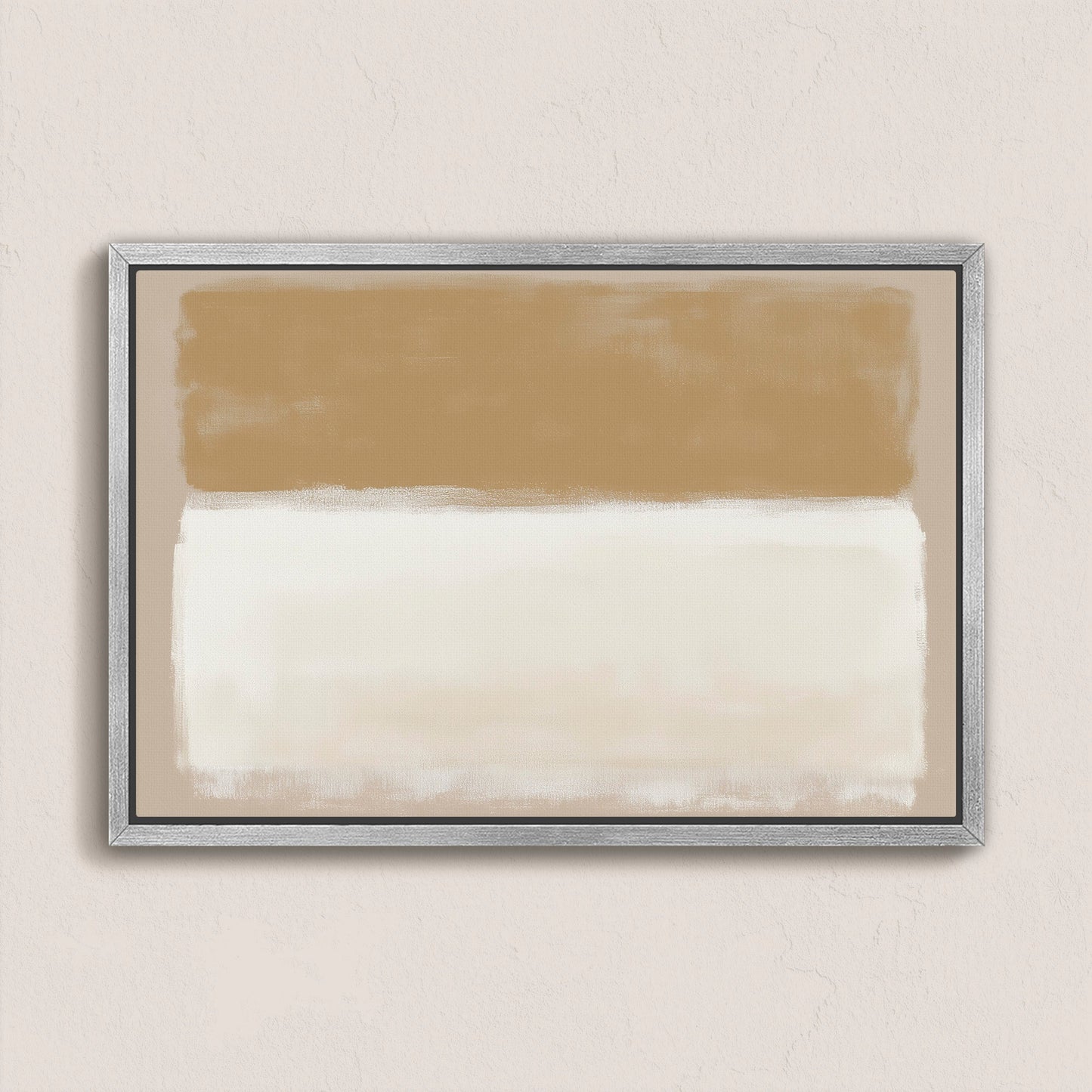 Sienna Canvas Print abstract art with warm golden and ivory tones in a silver frame on beige wall