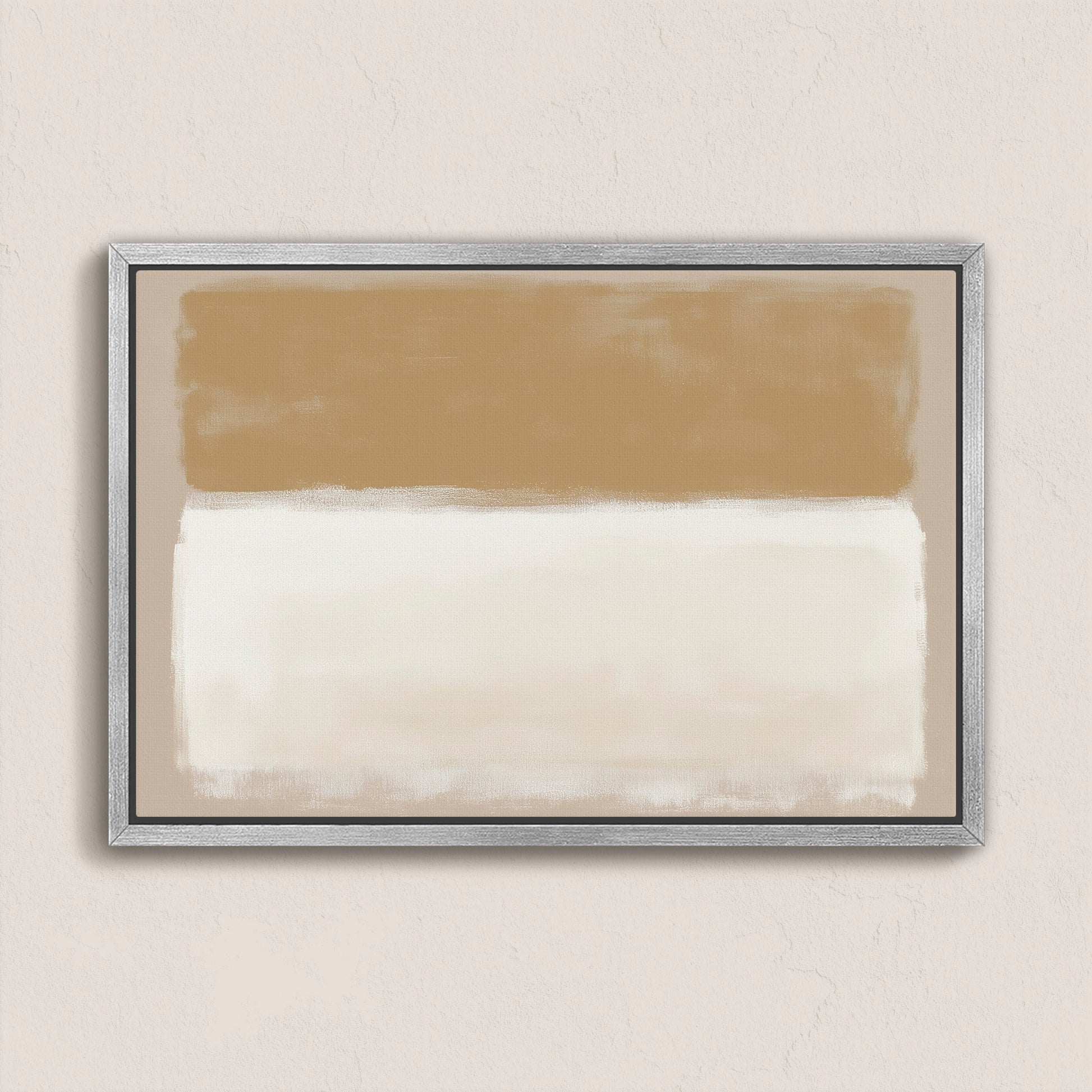 Sienna Canvas Print abstract art with warm golden and ivory tones in a silver frame on beige wall