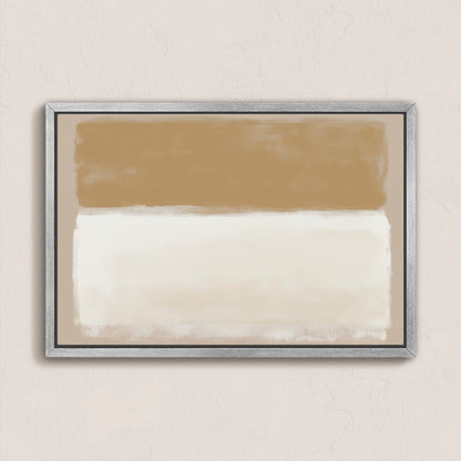 Sienna Canvas Print abstract art with warm golden and ivory tones in a silver frame on beige wall