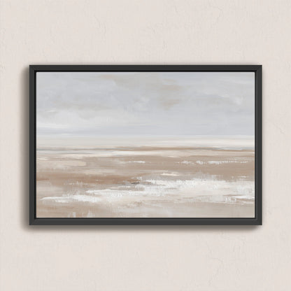 Barren Canvas Print minimalist landscape in taupe cream and sand tones with black frame hanging on beige wall