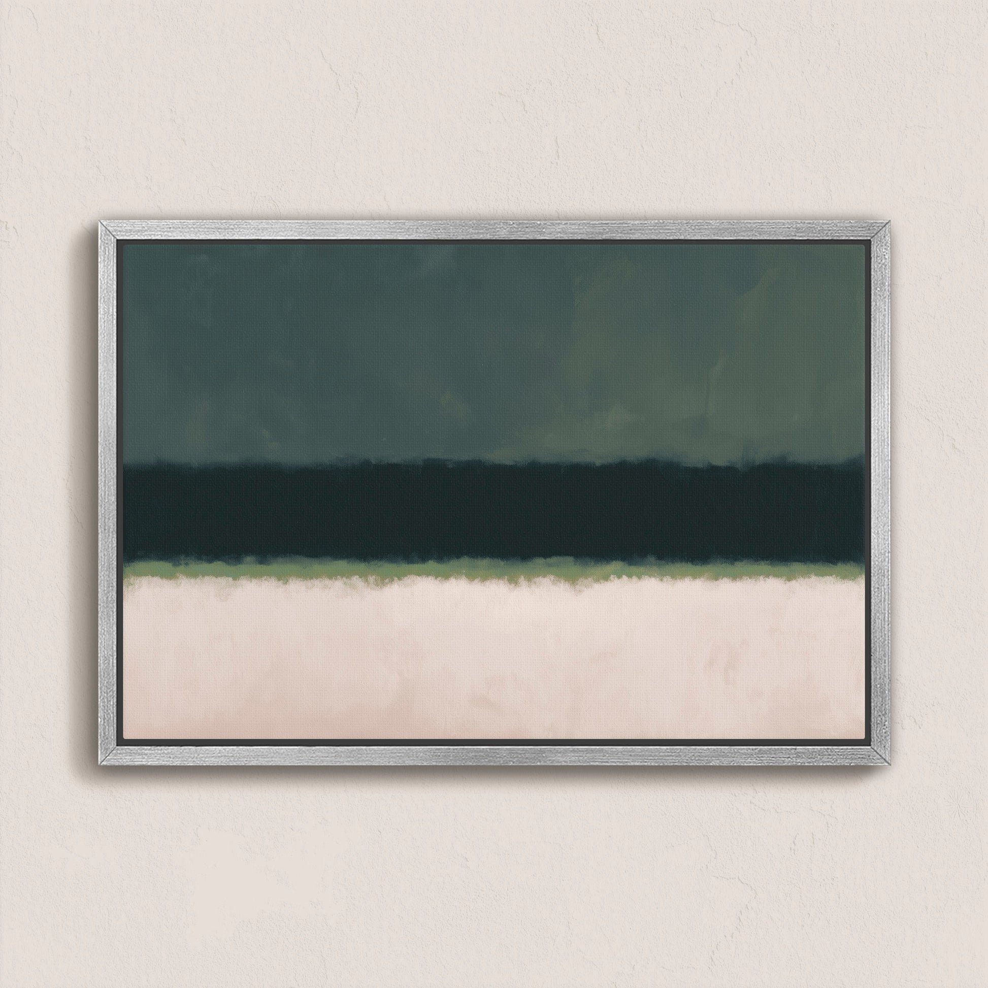 Minimalist Shade canvas print with deep olive and soft neutral tones in silver frame