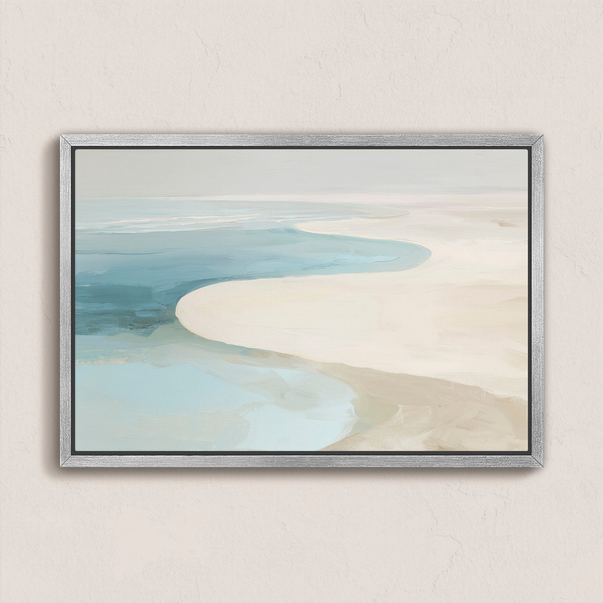 Tideway Canvas Wall Art featuring soft ivory, beige, and ocean blue layers evoking a serene coastal horizon at low tide in a minimalist style