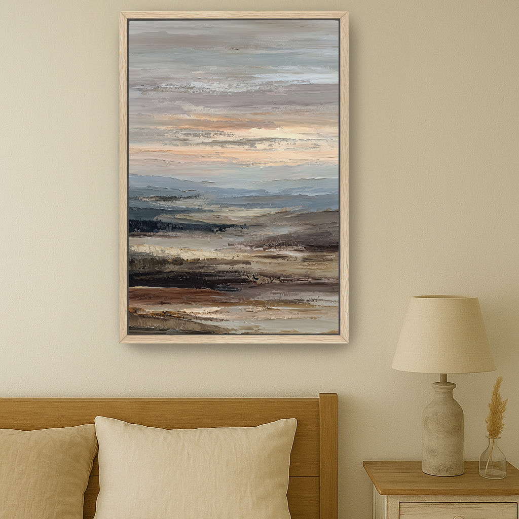 a bedroom with a large painting of a landscape hanging on the wall above a bed with a wooden headboard.