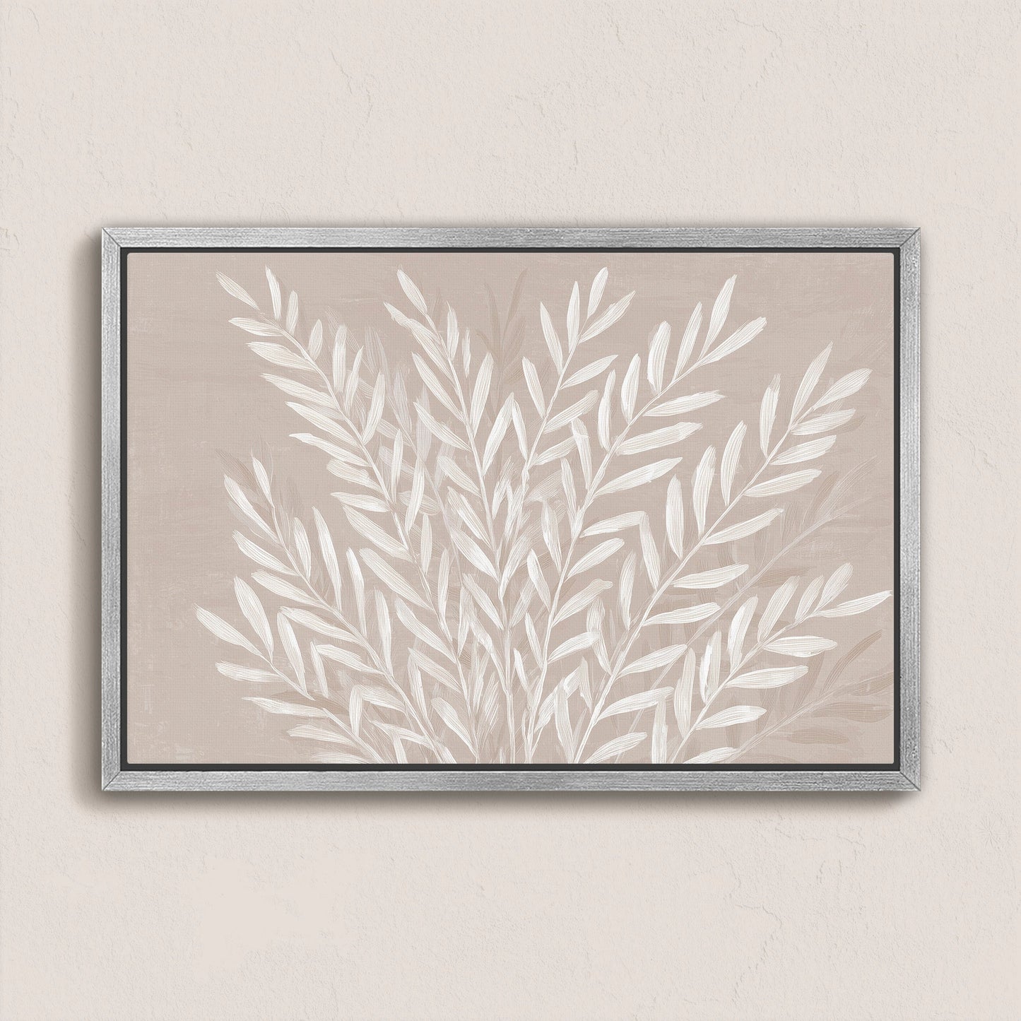 Whisper canvas print featuring slender ivory leaves on soft taupe background in archival quality gallery wrap with sleek natural frame
