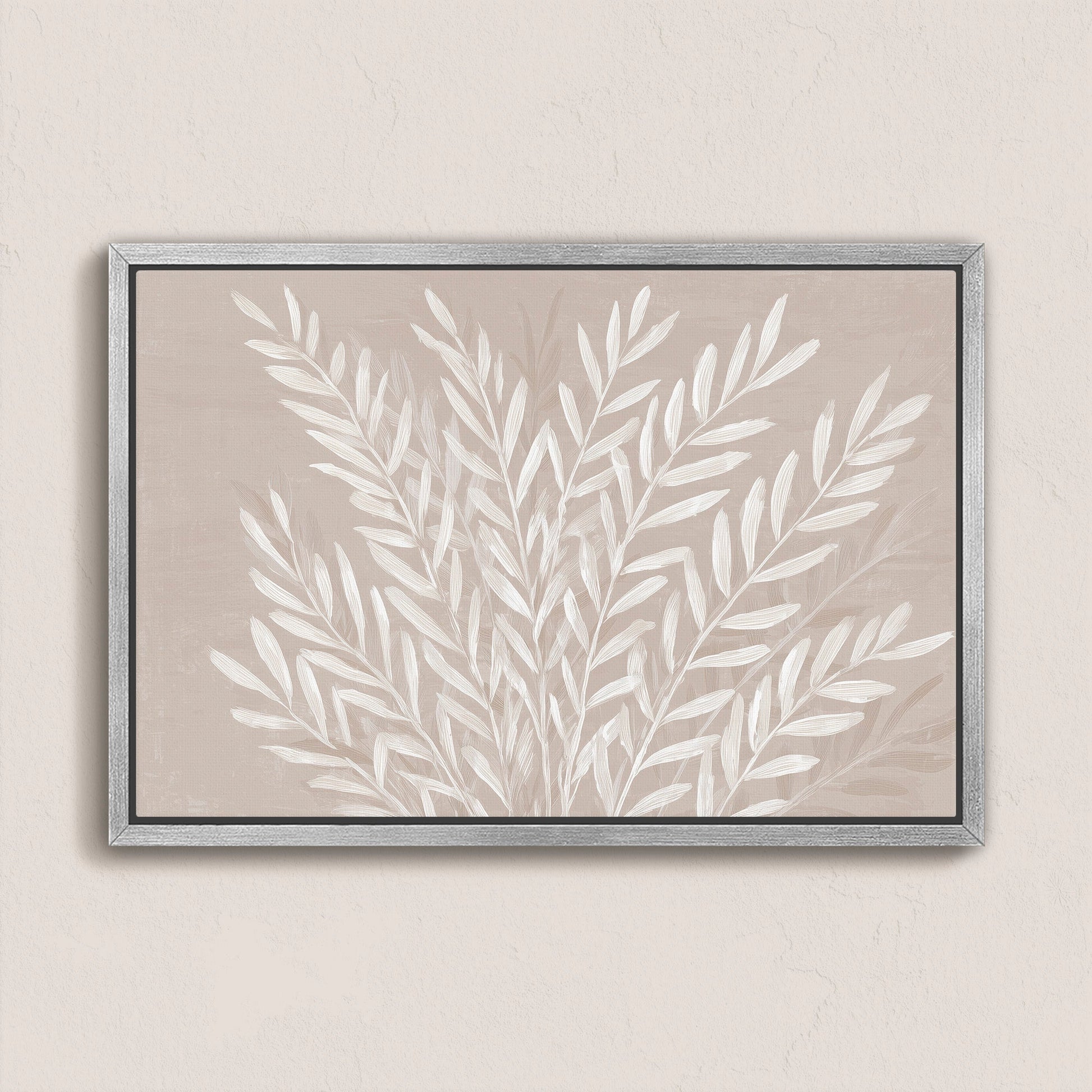Whisper canvas print featuring slender ivory leaves on soft taupe background in archival quality gallery wrap with sleek natural frame