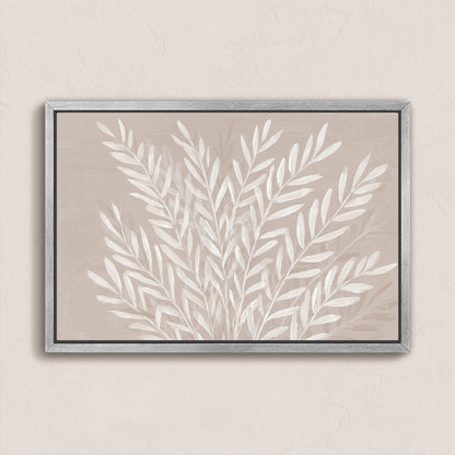 Whisper canvas print featuring slender ivory leaves on soft taupe background in archival quality gallery wrap with sleek natural frame