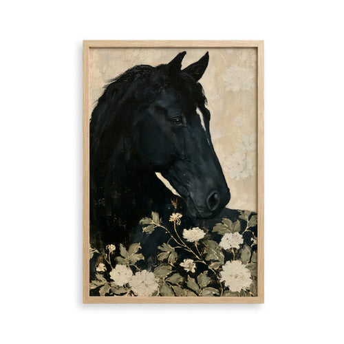 A framed painting depicting a black horse with a white blaze, surrounded by white flowers.