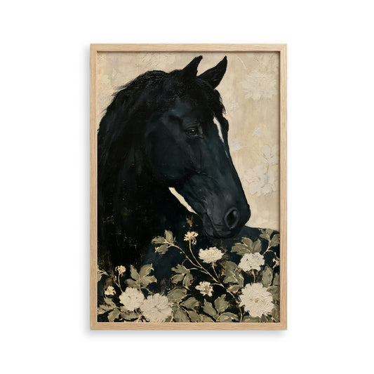 A framed painting depicting a black horse with a white blaze, surrounded by white flowers.