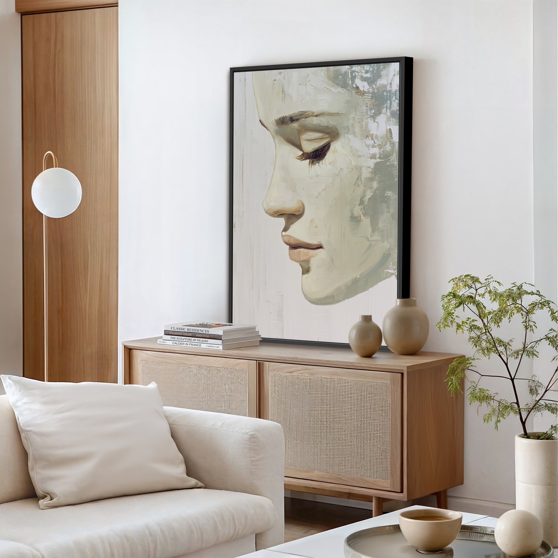 a living room with a large framed portrait of a woman's face hanging on the wall, a white sofa, a wooden cabinet, and a potted plant.