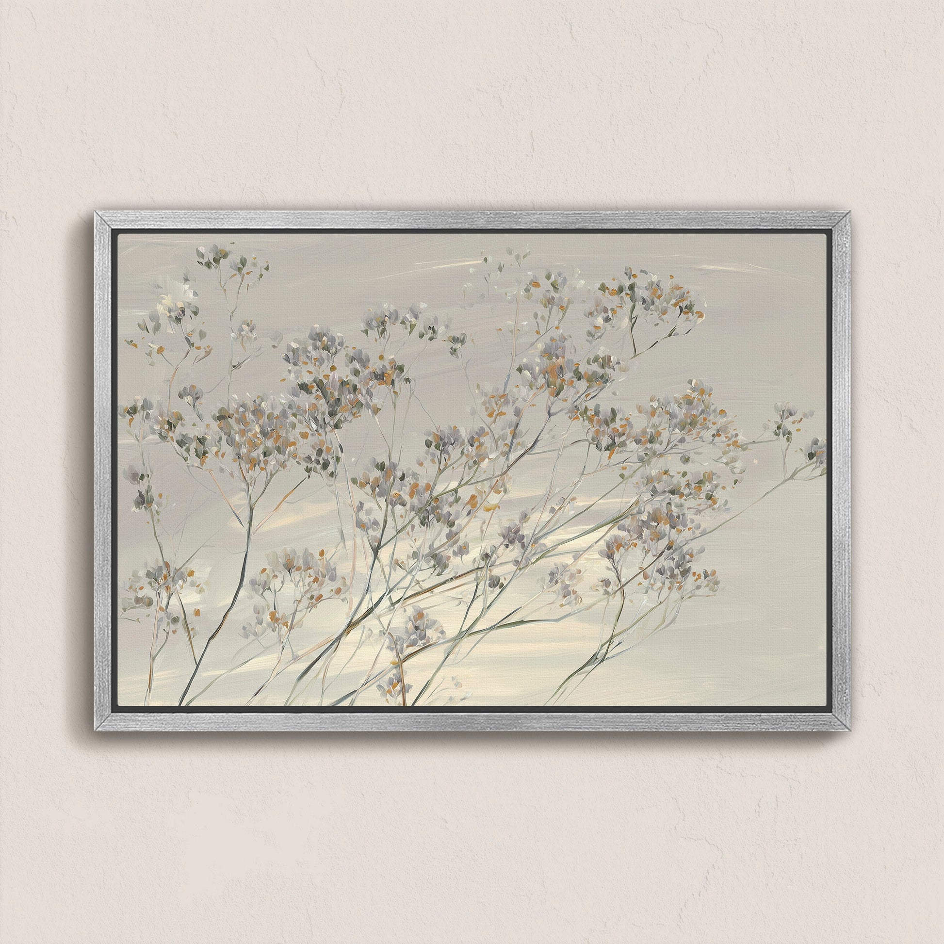Breeze Wall Art featuring delicate wildflowers in soft muted tones with a silver frame for serene modern decor