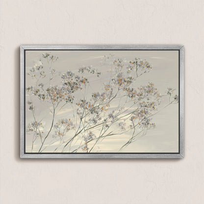 Breeze Wall Art featuring delicate wildflowers in soft muted tones with a silver frame for serene modern decor
