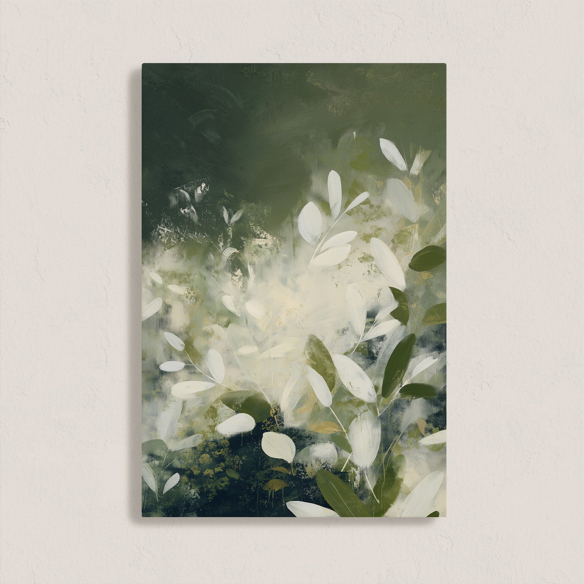 Verdure canvas wall art featuring soft ivory leaves and deep green tones in a modern botanical abstract design