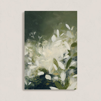 Verdure canvas wall art featuring soft ivory leaves and deep green tones in a modern botanical abstract design