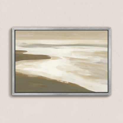 Emie Canvas Print muted coastal landscape in beige, ivory, and olive tones with soft light and calm shoreline reflection in a silver frame