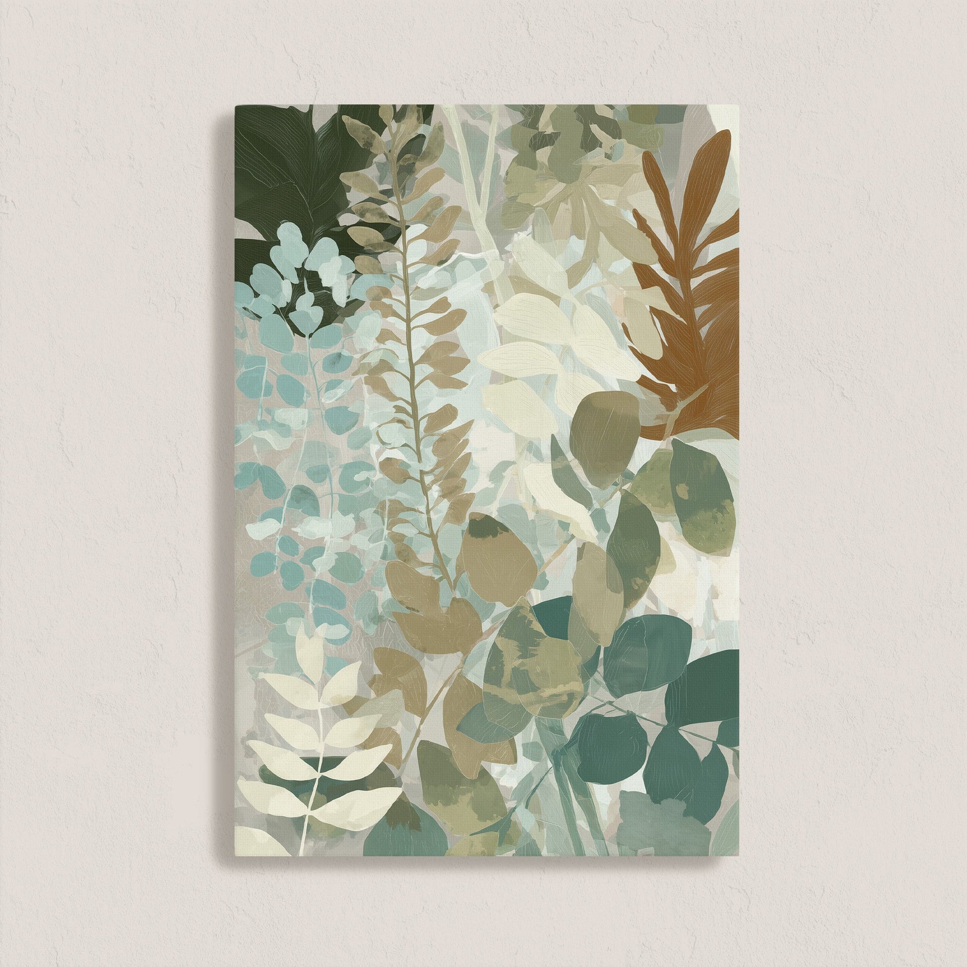 Herba canvas print with soft botanical layers in sage, sea-green, and golden beige tones on archival-grade gallery wrapped canvas