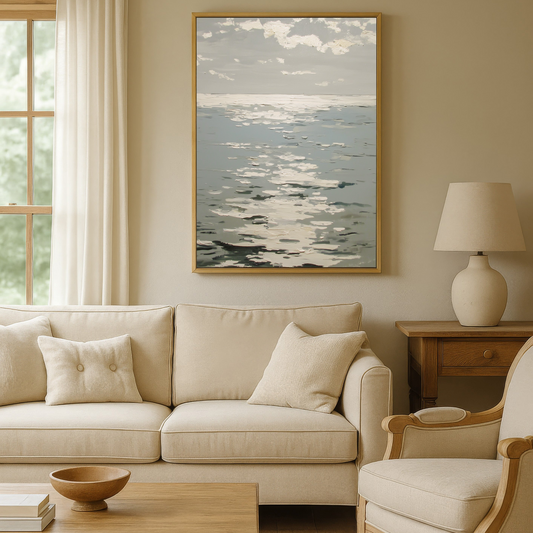 a cozy living room with a large window, a beige sofa, a wooden coffee table, and a framed painting of a serene ocean scene.