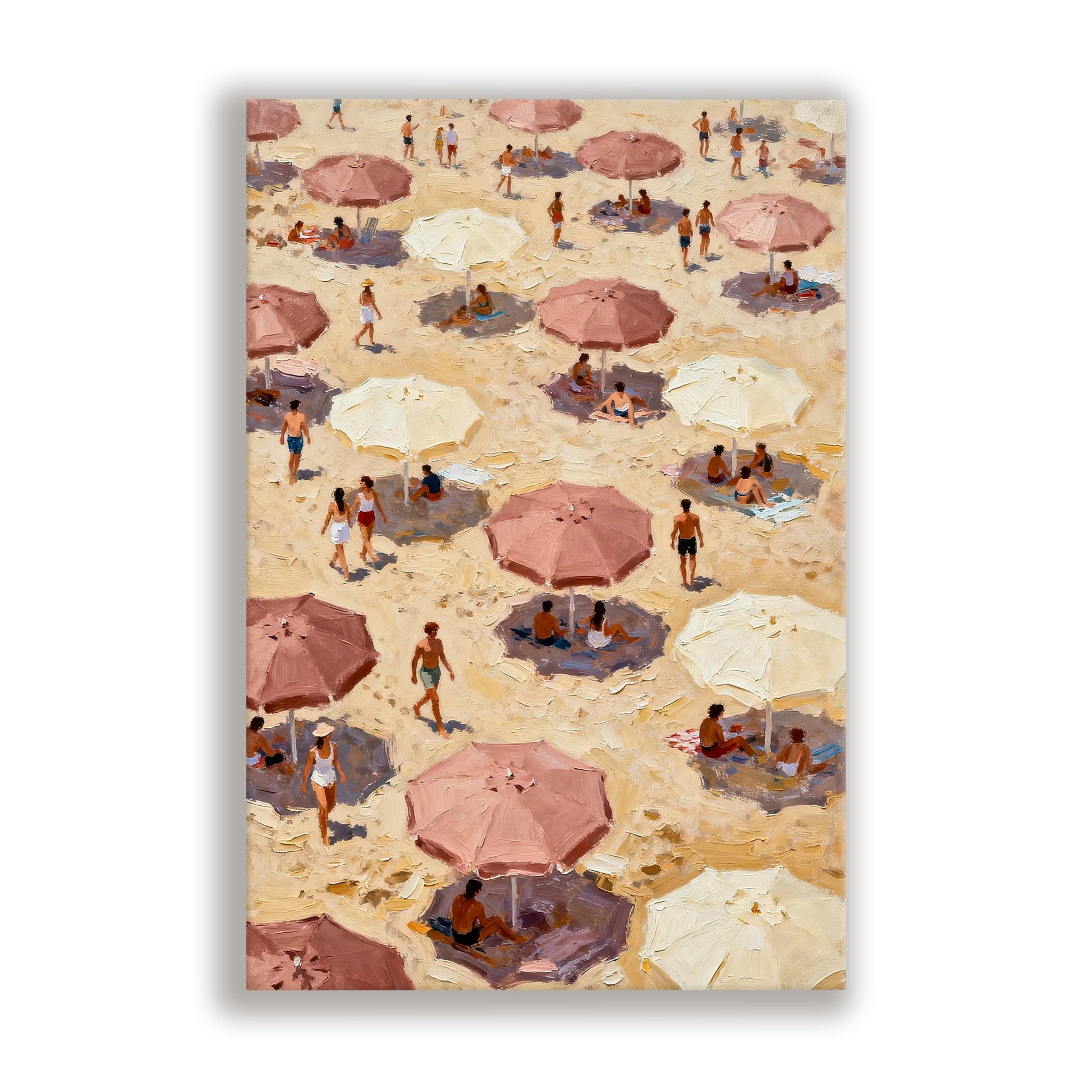 a crowded beach scene with numerous people and umbrellas, creating a lively and bustling atmosphere.