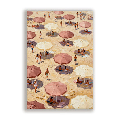 a crowded beach scene with numerous people and umbrellas, creating a lively and bustling atmosphere.