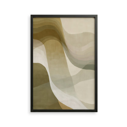 The image is a framed abstract artwork with a color palette of brown, beige, and gray. The artwork is displayed on a white wall.