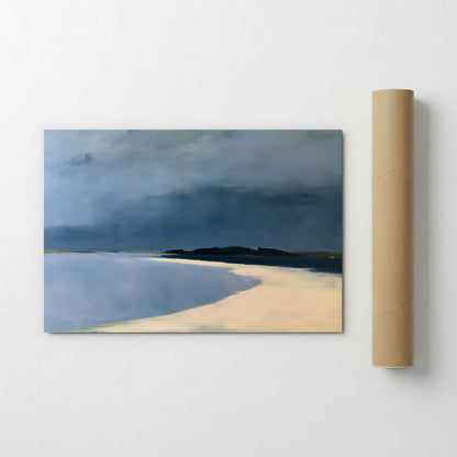The image is a painting of a beach scene with a cloudy sky in the background.