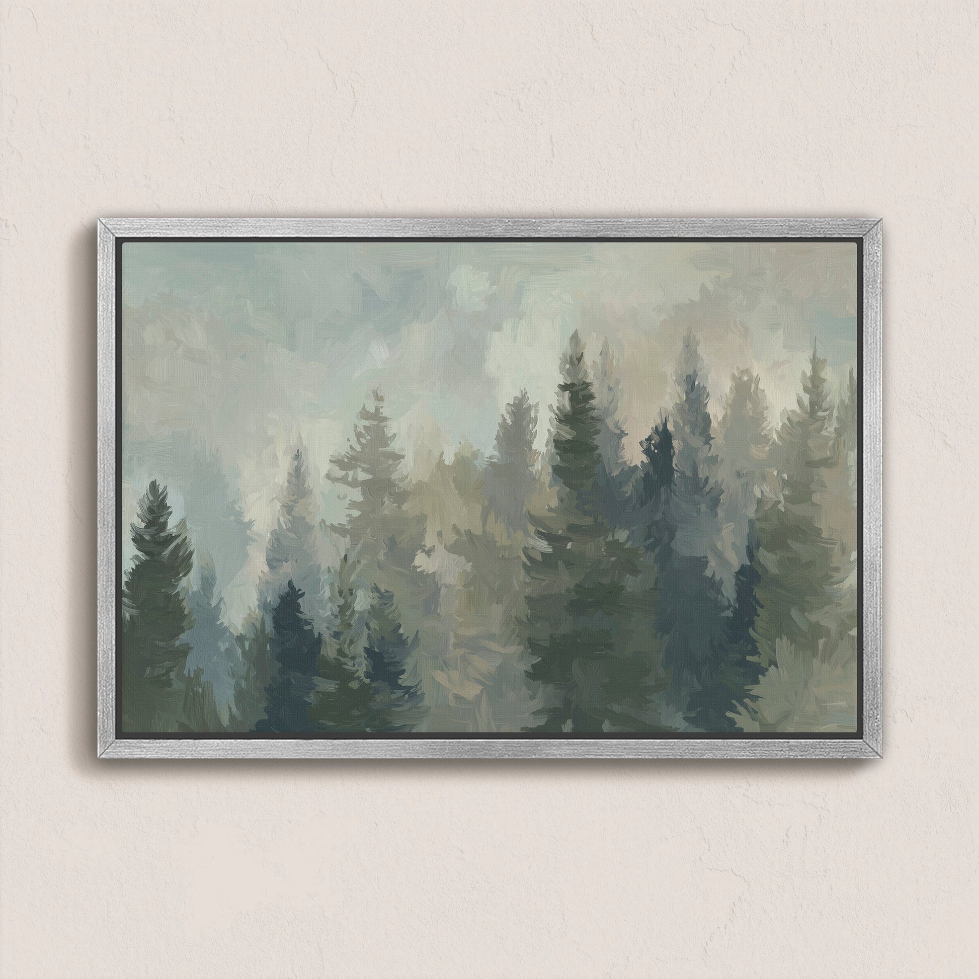 Ever Canvas Wall Art featuring misty pine forest in soft sage tones with framed gallery wrap design