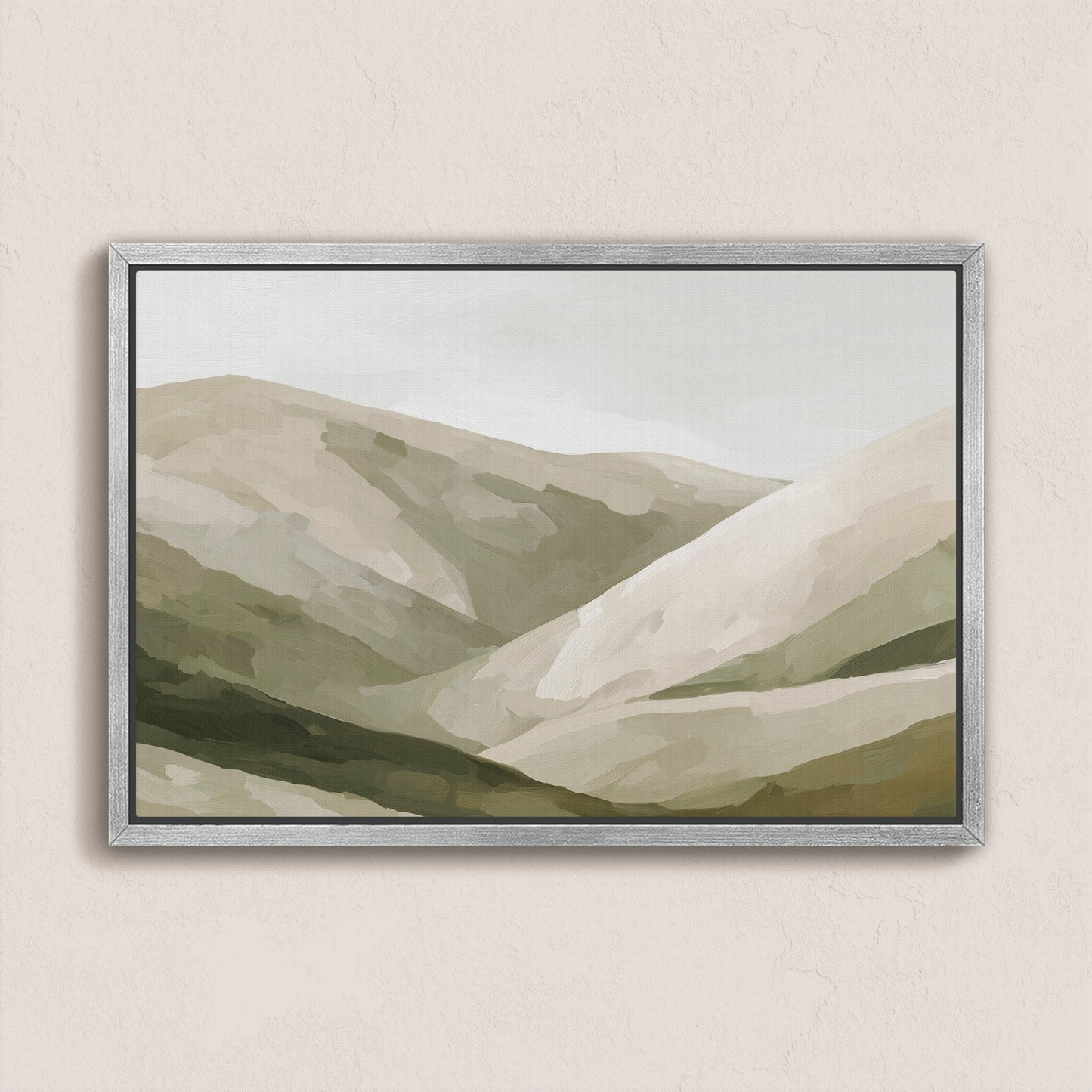 Olive Hills canvas print with layered painterly hills in olive, taupe, and sand tones, framed in light wood