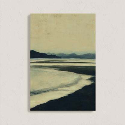Echoes canvas print depicting a serene shoreline in hazy blues and soft ochre tones, perfect for calm and contemplative interiors.