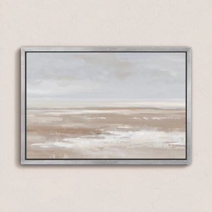 Barren canvas print minimalist landscape in taupe, cream, and sand tones with a silver frame for modern decor