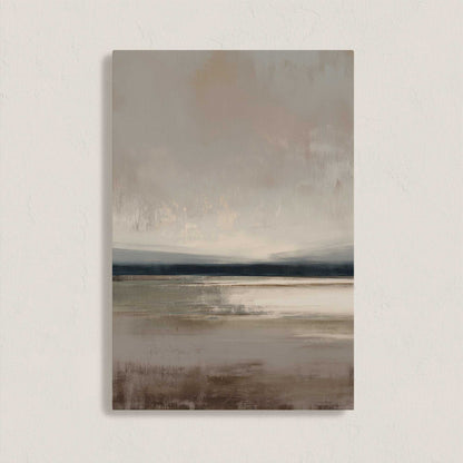 Vast canvas art with soft taupe, charcoal, and cream gradients depicting a tranquil horizon in a minimalist style