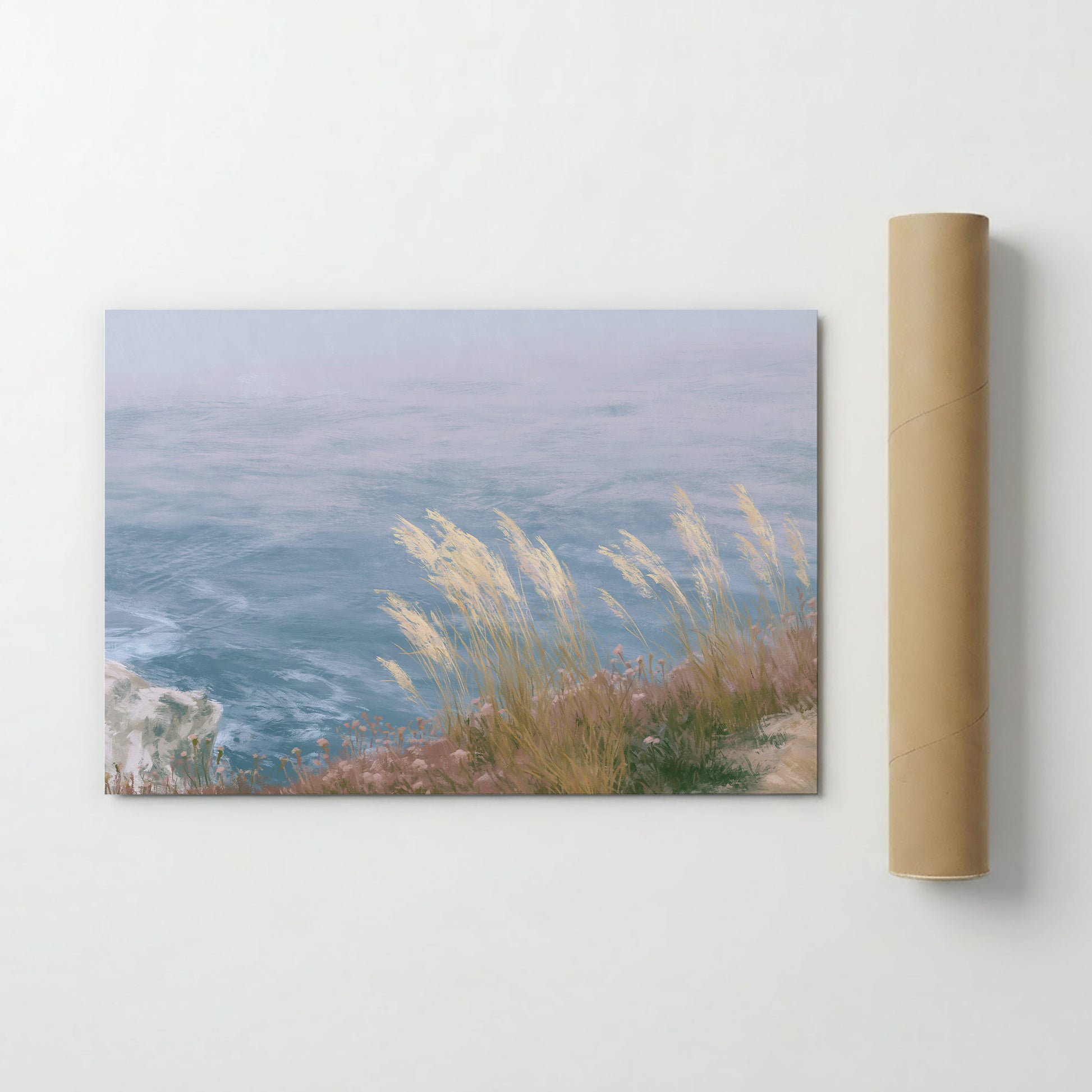 The image is a painting depicting a serene coastal scene with a body of water and tall grasses in the foreground.