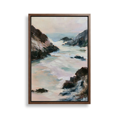 The image is a framed painting depicting a serene coastal landscape with rocky cliffs, crashing waves, and a hazy sky.